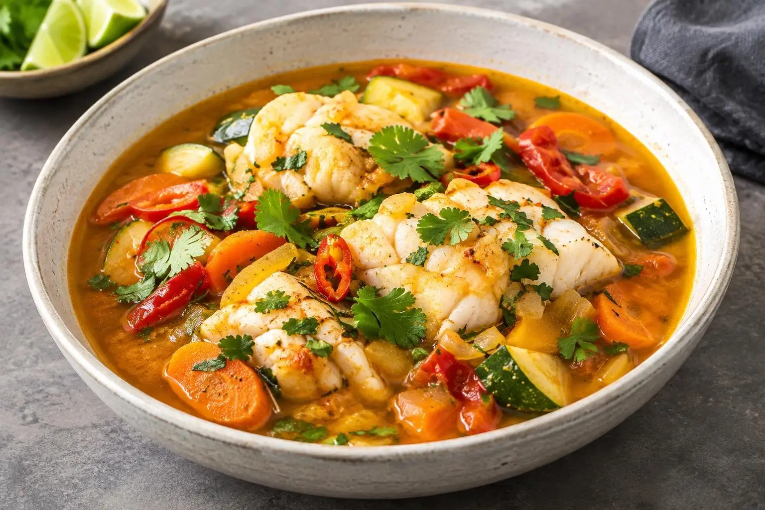 Peruvian Poached Fish Stew with Seasonal Vegetables plated and ready to serve