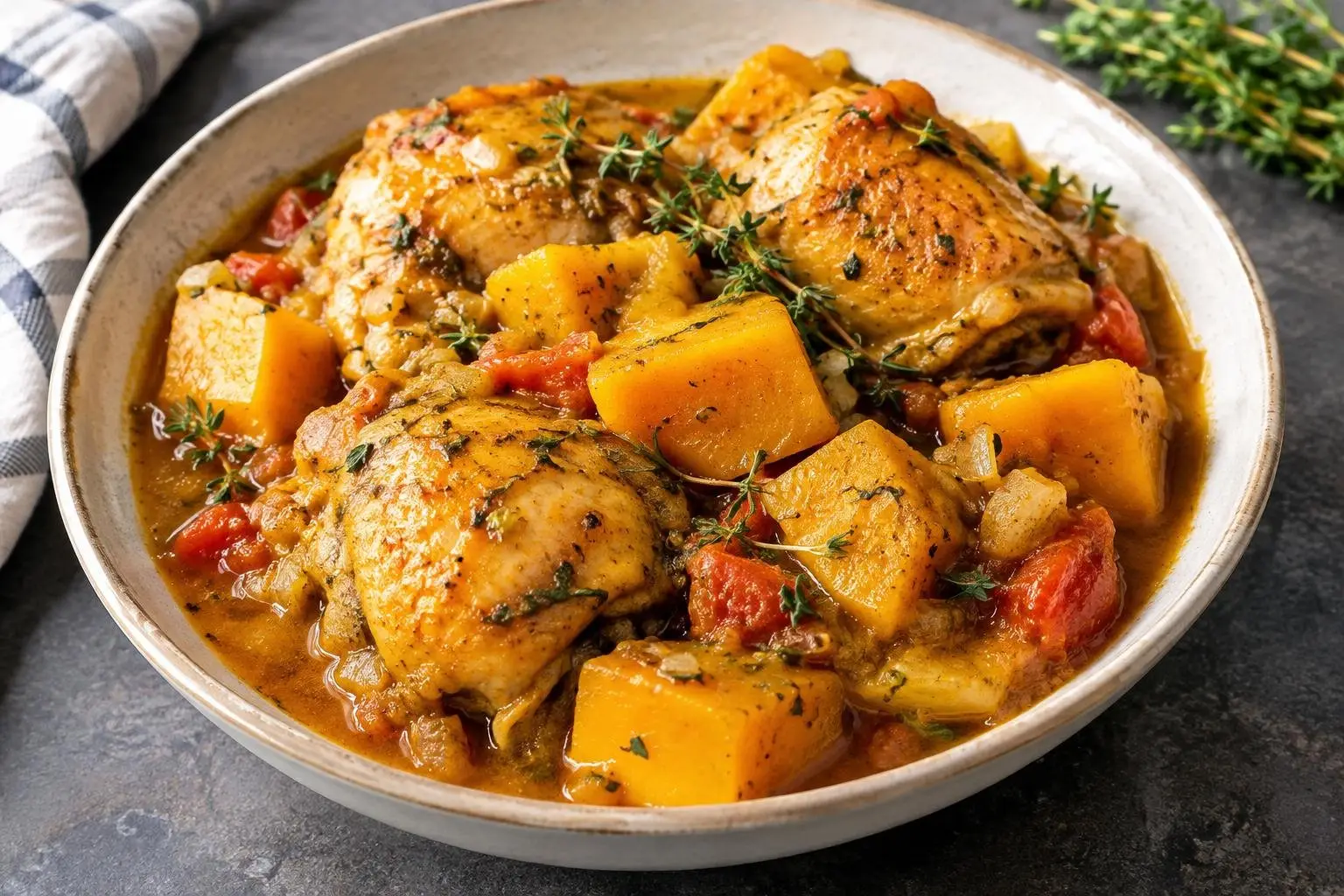 Caribbean Pressure-Cooked Chicken and Pumpkin Stew plated and ready to serve
