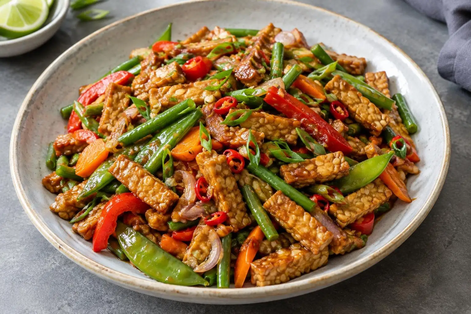 Indonesian Stir-Fried Tempeh with Seasonal Vegetables plated and ready to serve