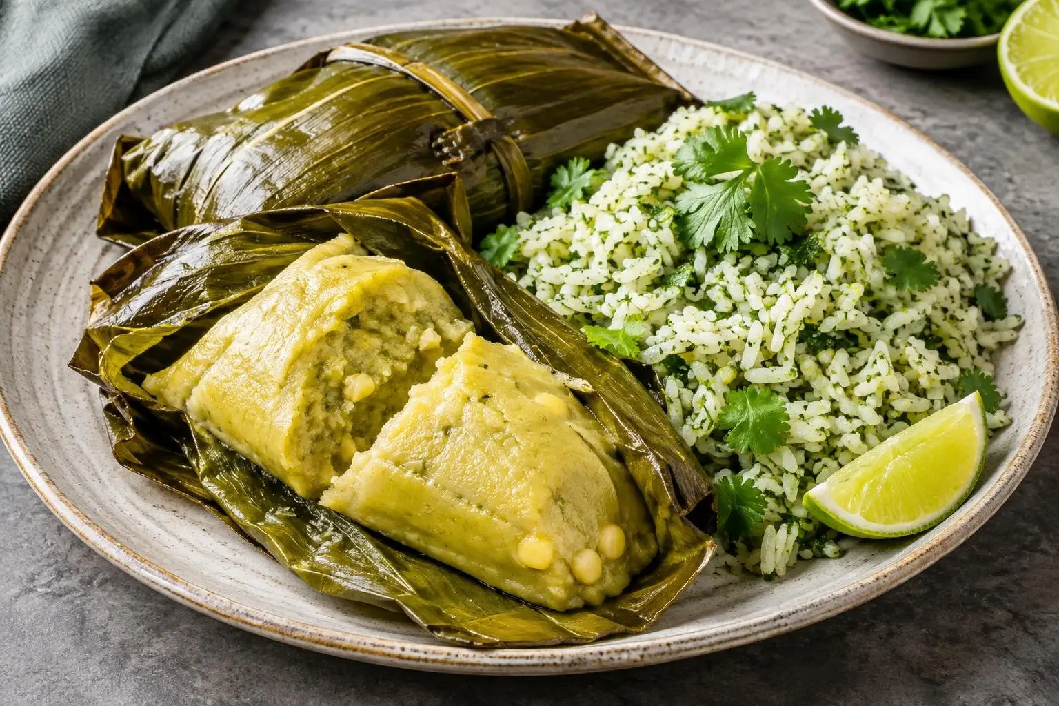 Peruvian Tamalitos Verdes with Cilantro-Lime Rice plated and ready to serve