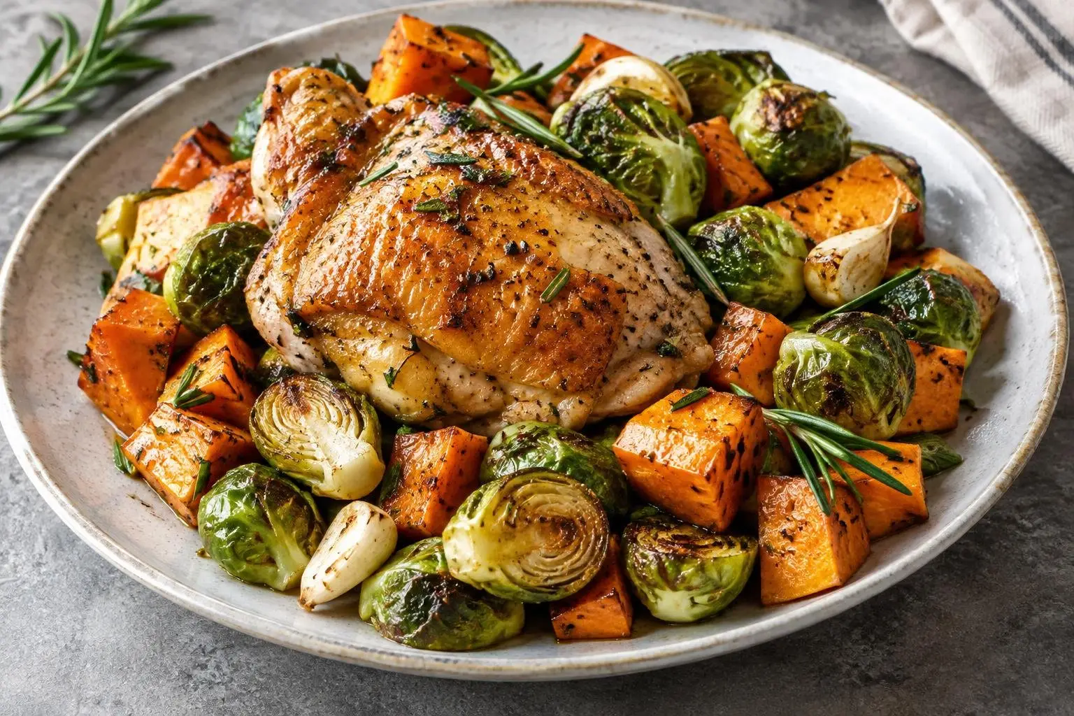 Autumn Roasted Chicken with Brussels Sprouts and Sweet Potatoes plated and ready to serve