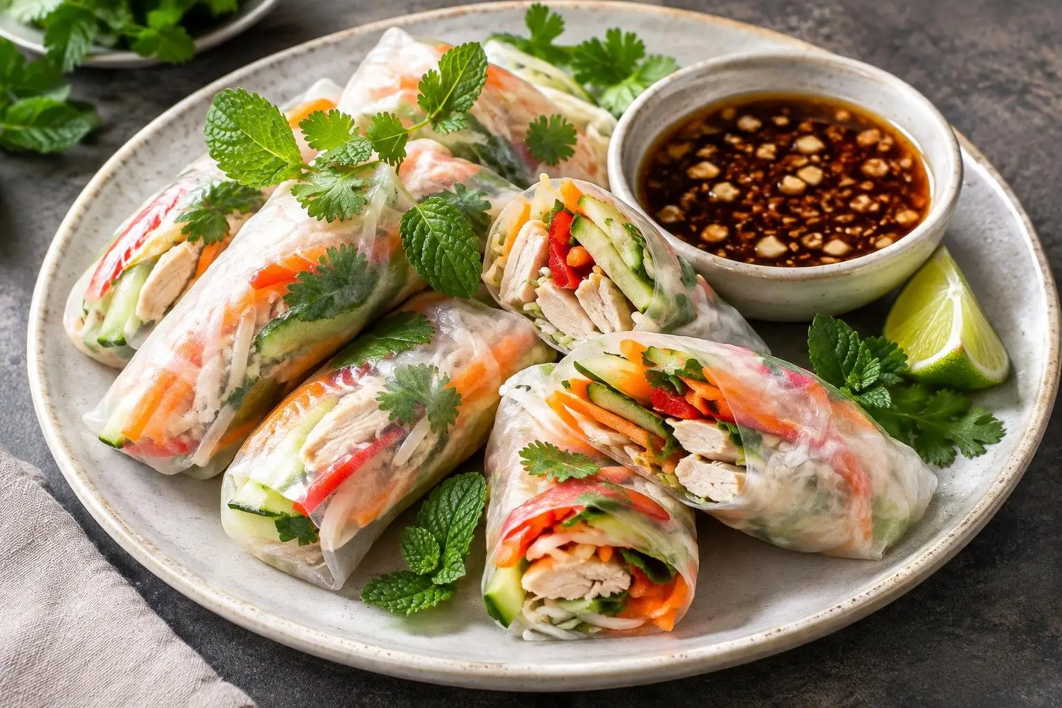 Poached Chicken and Vegetable Lumpia plated and ready to serve
