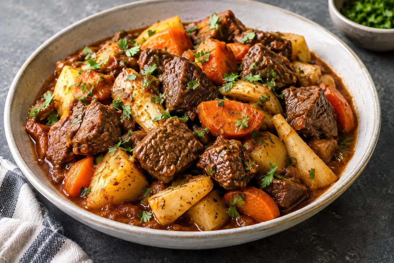 Ethiopian Slow-Braised Beef Tibs with Seasonal Root Vegetables plated and ready to serve