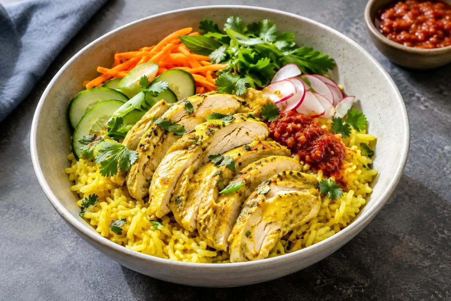 Indonesian Spiced Poached Chicken with Turmeric Coconut Rice Grain Bowl plated and ready to serve