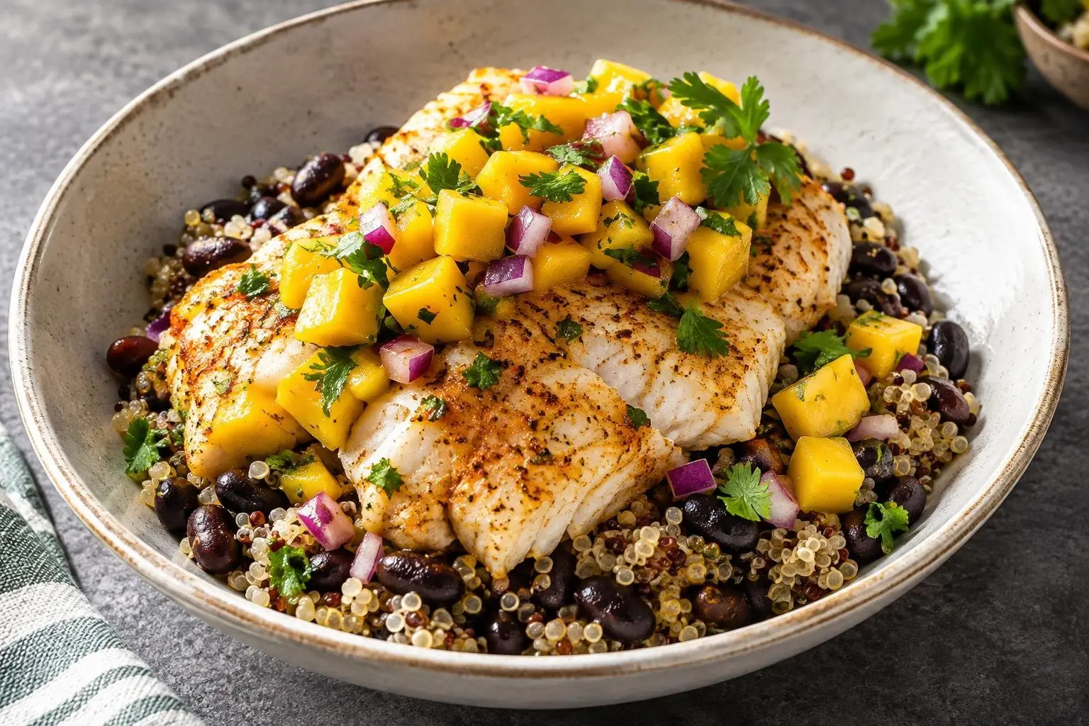 Caribbean Poached Fish Grain Bowl with Mango Salsa plated and ready to serve
