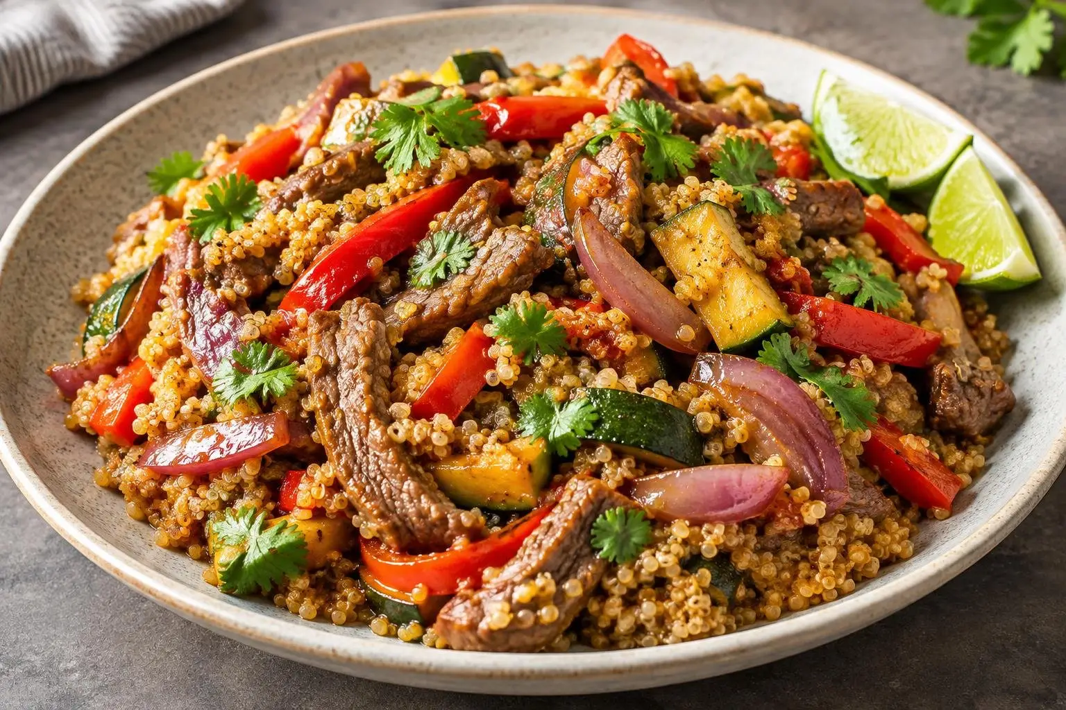 Peruvian Quinoa and Beef Stir-Fry plated and ready to serve