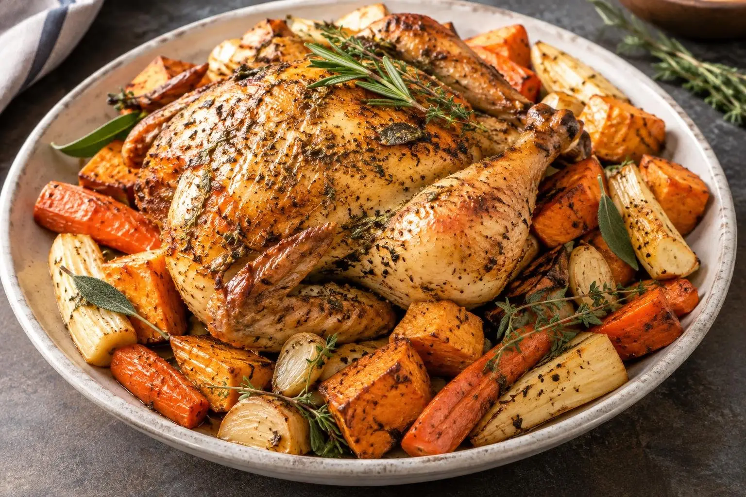 Roasted Herb Chicken with Autumn Root Vegetables plated and ready to serve