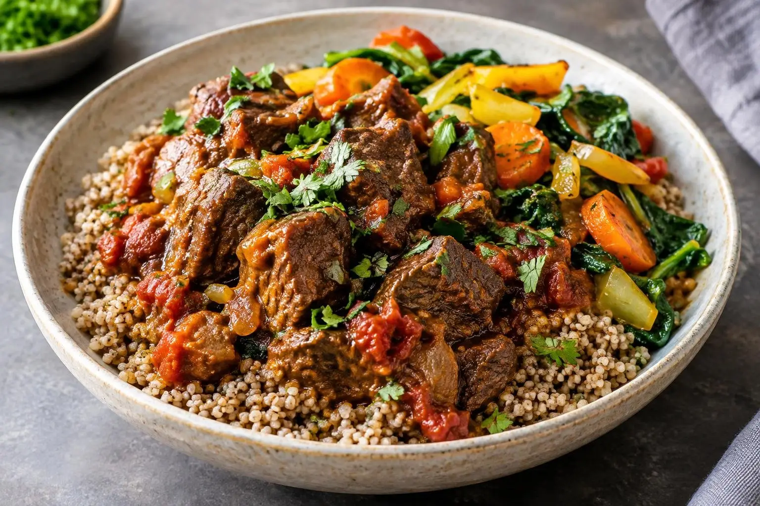 Ethiopian-Inspired Slow Braised Beef Tibs Grain Bowl plated and ready to serve