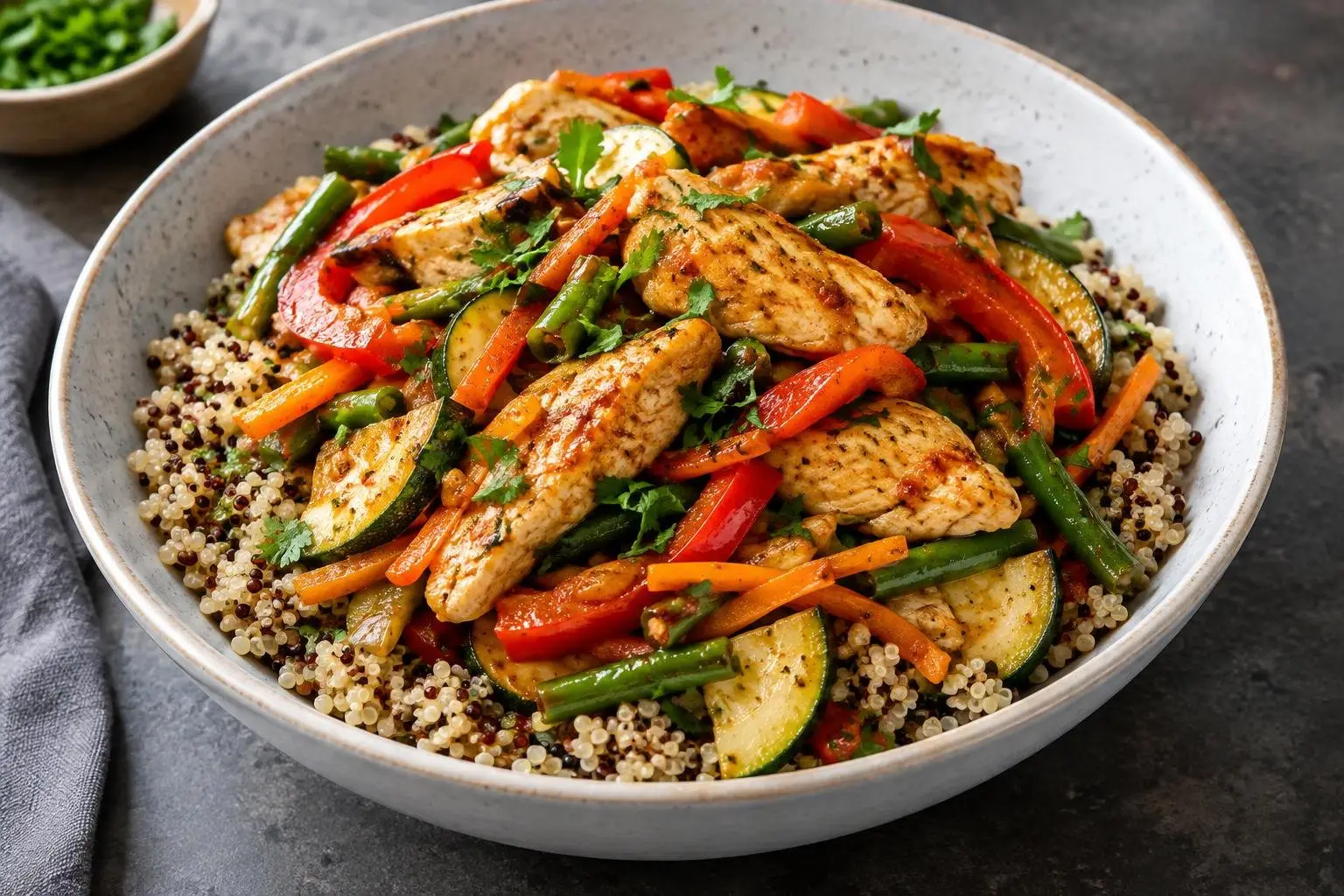Peruvian Quinoa Grain Bowl with Stir-Fried Chicken and Seasonal Vegetables plated and ready to serve