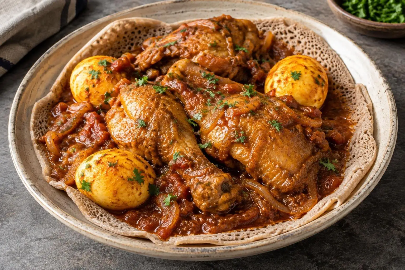 Ethiopian Doro Wat Pressure-Cooked Chicken Stew plated and ready to serve
