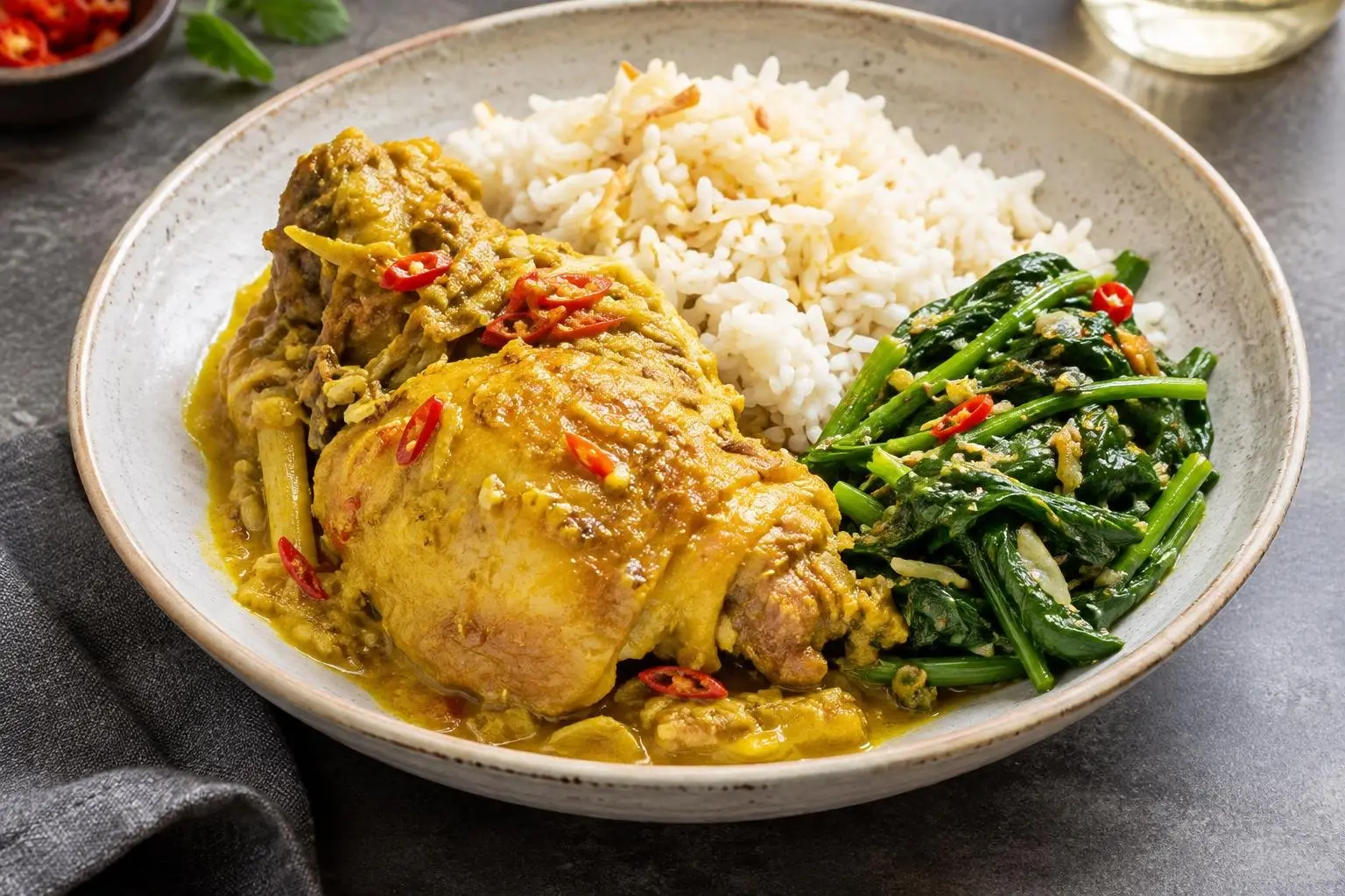 Indonesian Ayam Bumbu Kuning with Coconut Rice plated and ready to serve