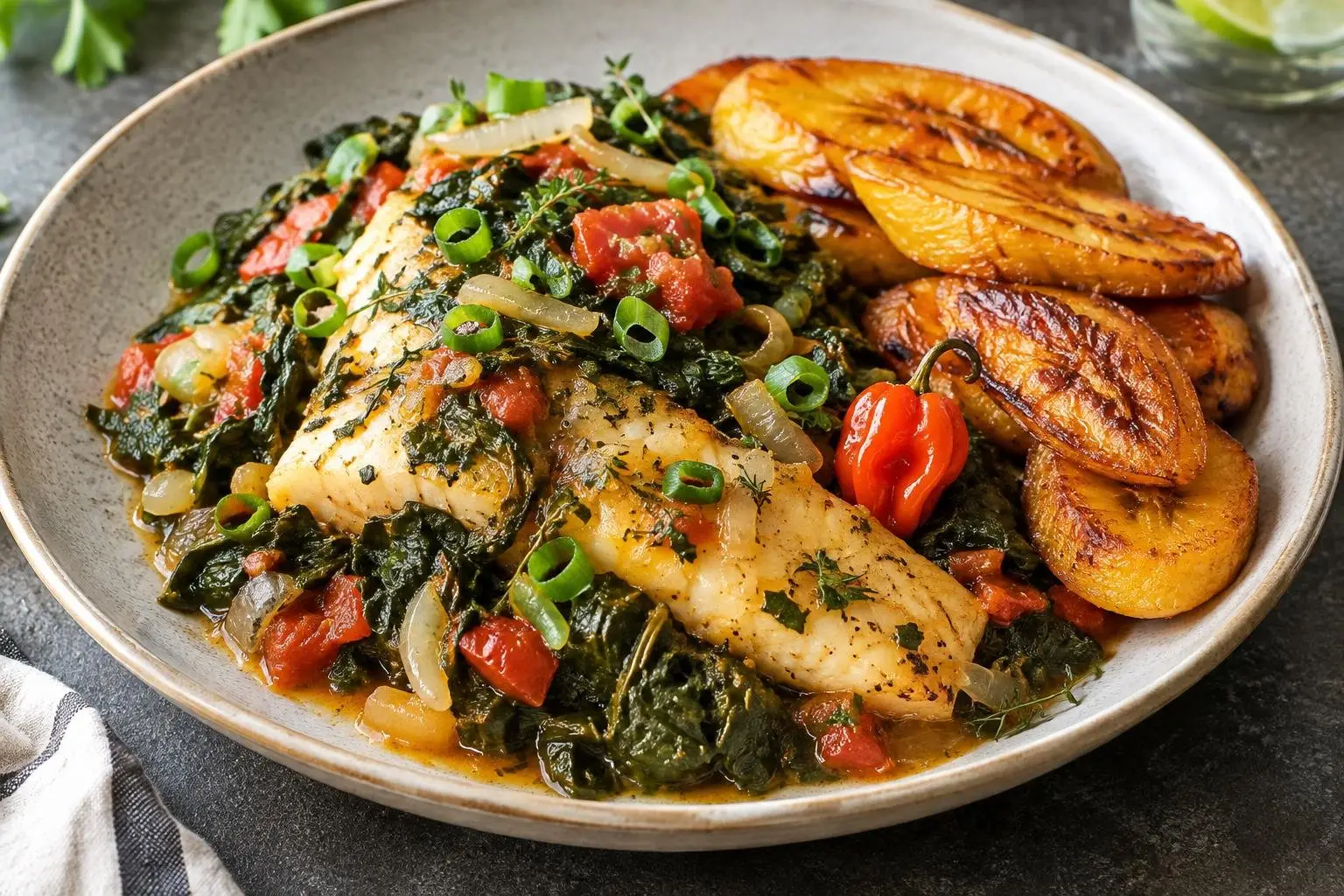 Caribbean Steamed Fish with Callaloo and Sweet Plantains plated and ready to serve
