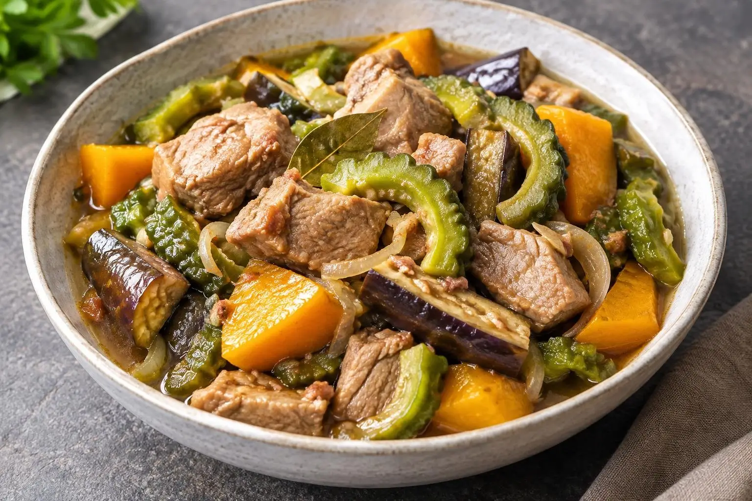 Pinakbet Stewed Pork with Seasonal Vegetables plated and ready to serve
