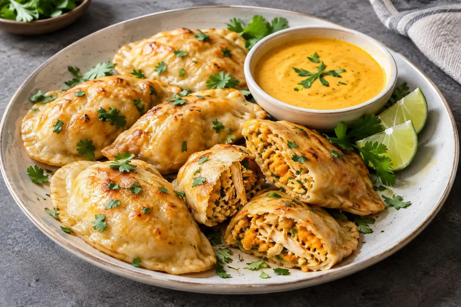 Peruvian Chicken and Sweet Potato Dumplings plated and ready to serve
