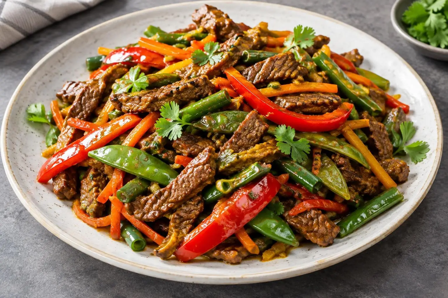 Indonesian Spiced Beef Stir-Fry with Seasonal Vegetables plated and ready to serve