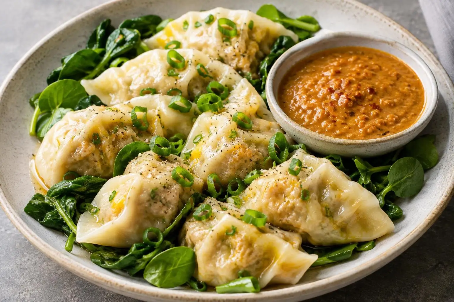 Indonesian Chicken Steamed Dumplings with Spicy Peanut Sauce plated and ready to serve