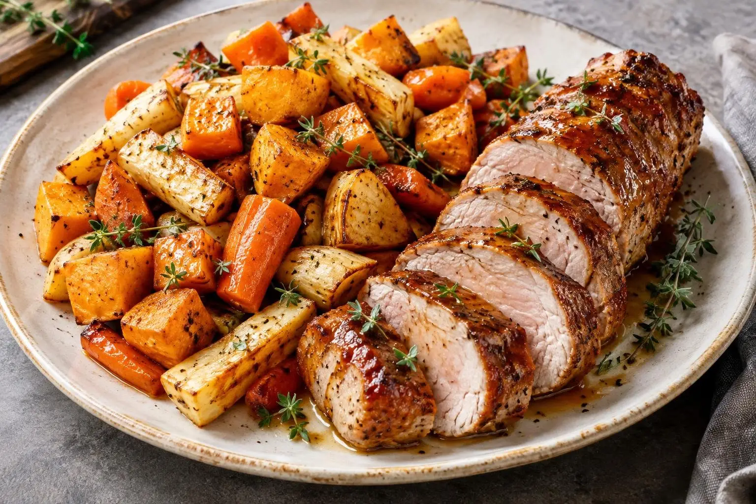 Maple-Glazed Roasted Pork Tenderloin with Roasted Root Vegetables plated and ready to serve