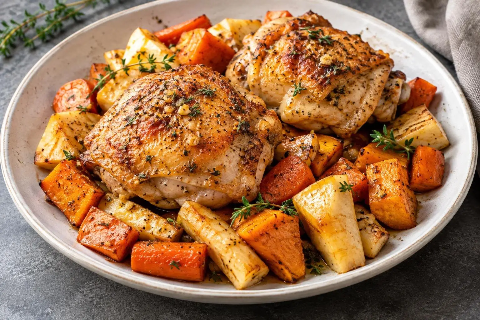 Autumn Roasted Chicken Thighs with Root Vegetables plated and ready to serve