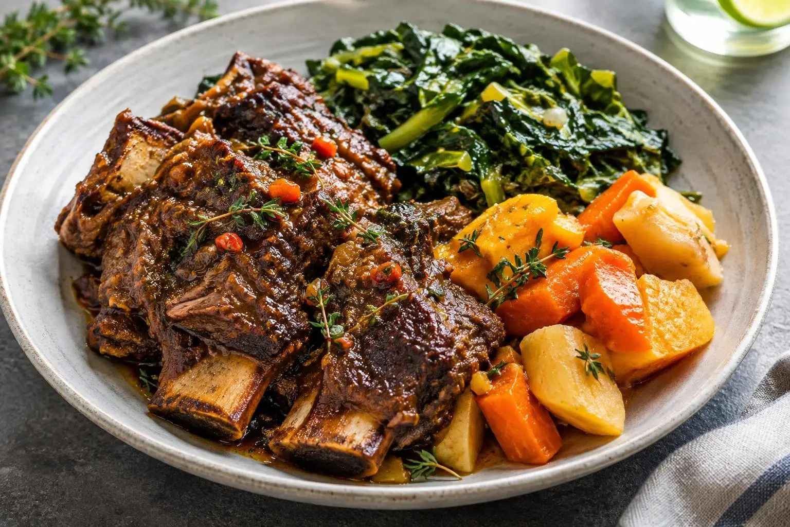 Slow-Braised Caribbean Beef Ribs with Callaloo plated and ready to serve