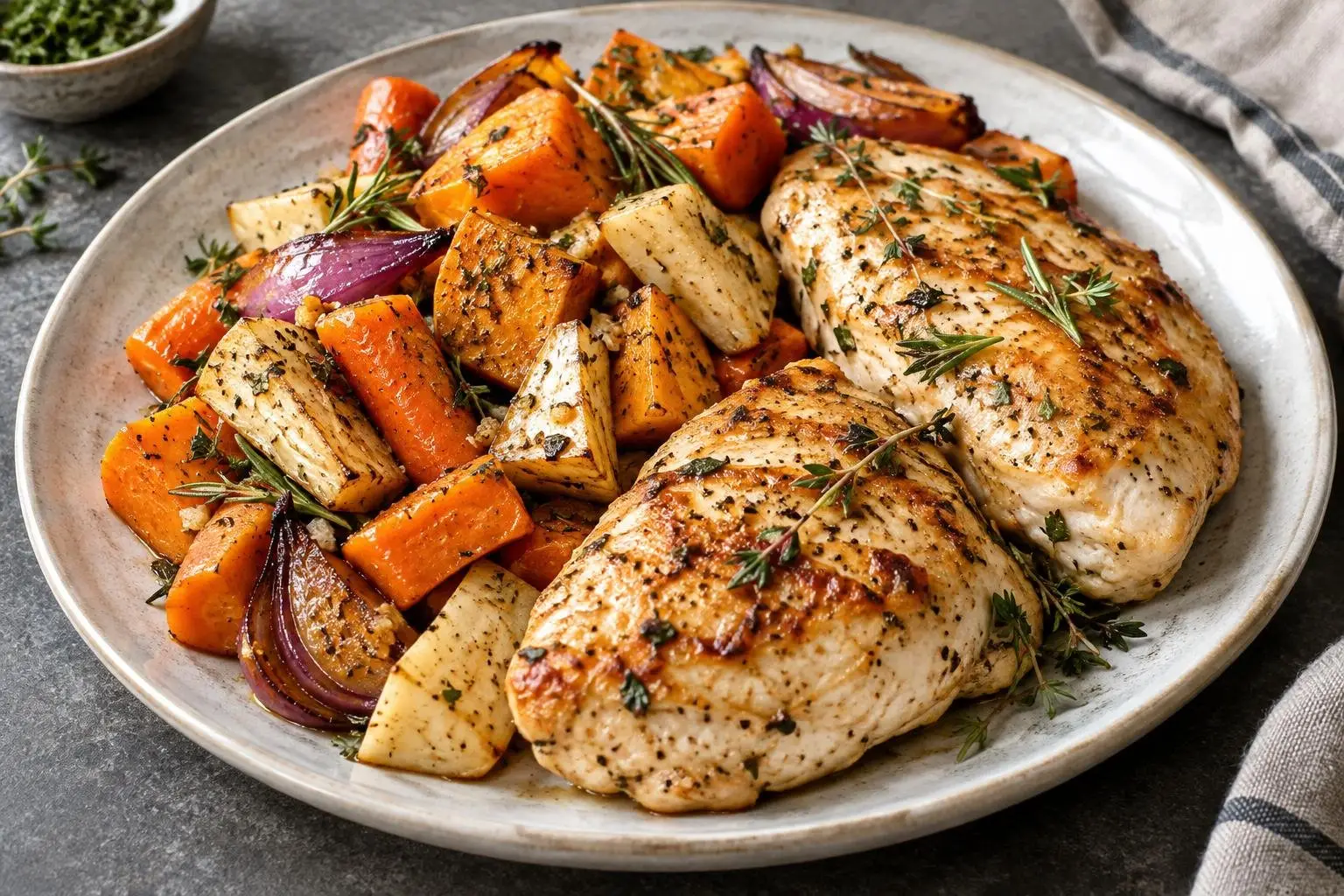 Pan-Seared Chicken with Roasted Autumn Vegetables plated and ready to serve