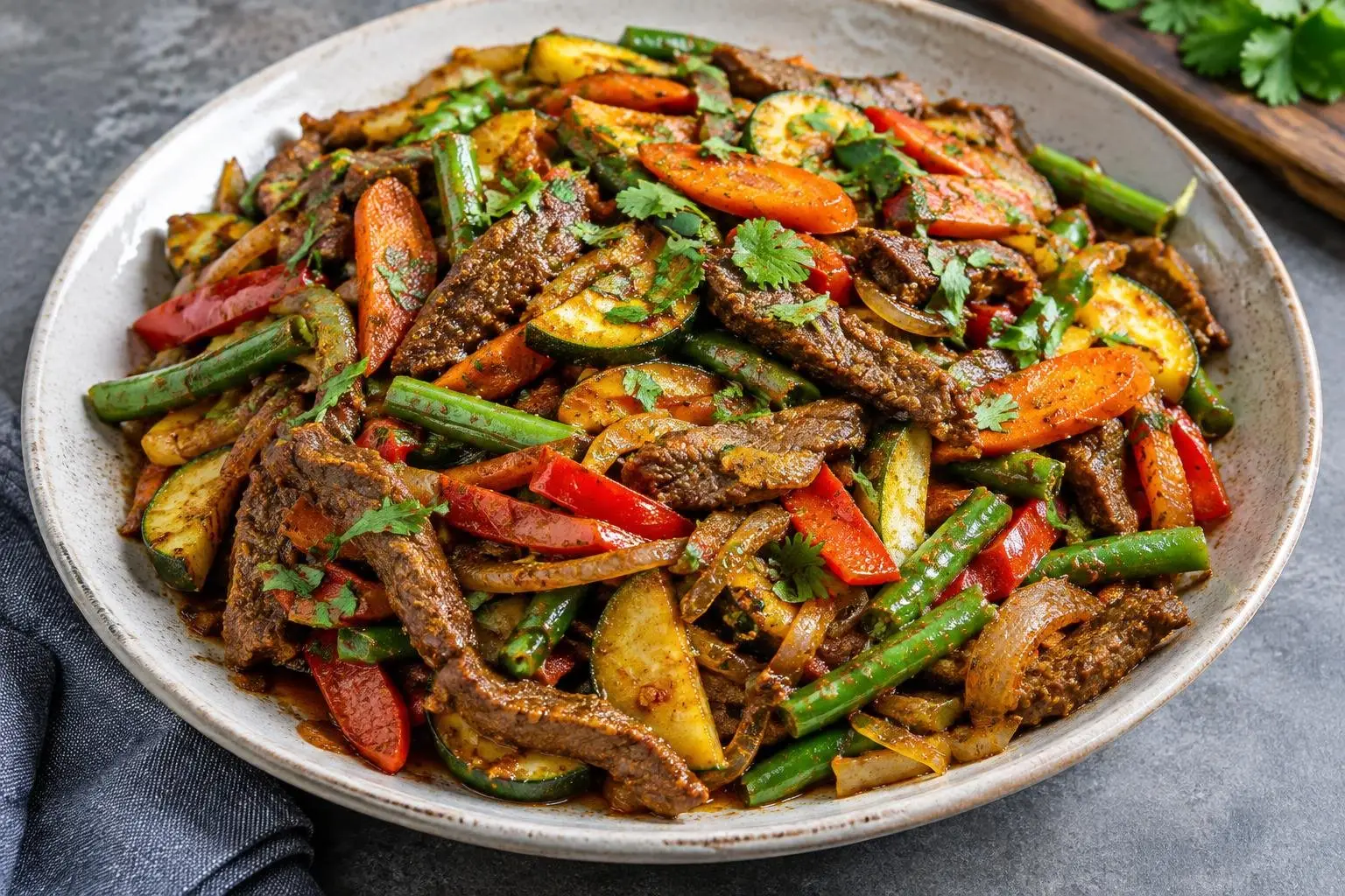 Ethiopian-Inspired Spiced Vegetable and Beef Stir-Fry Skillet plated and ready to serve
