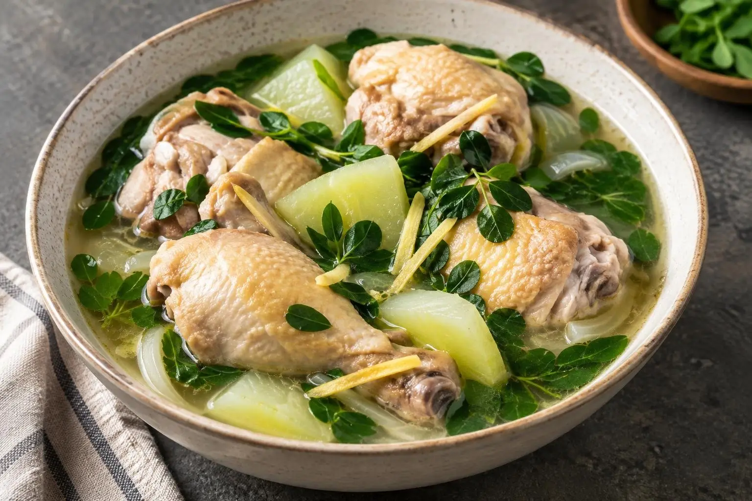 Poached Chicken Tinola with Green Papaya and Malunggay plated and ready to serve