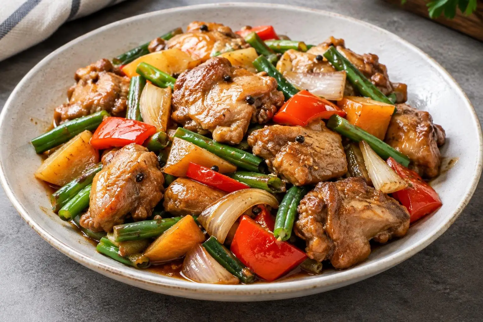 Sautéed Chicken Adobo with Seasonal Vegetables plated and ready to serve