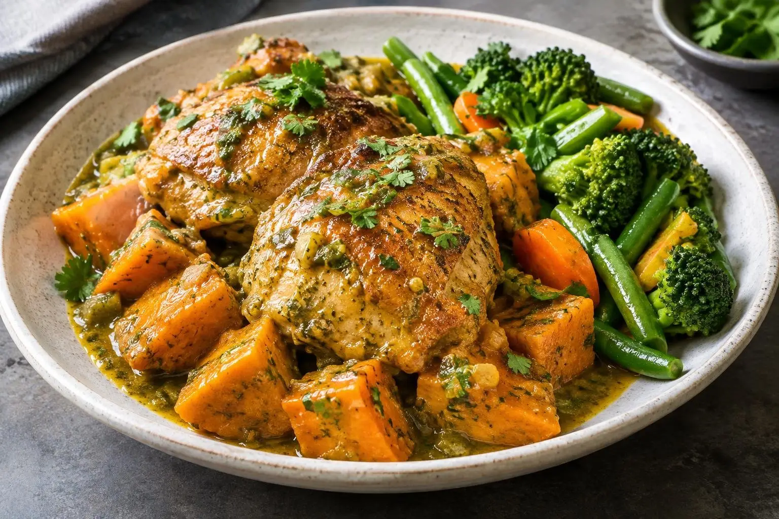 Peruvian Braised Chicken with Sweet Potato and Aji Verde plated and ready to serve