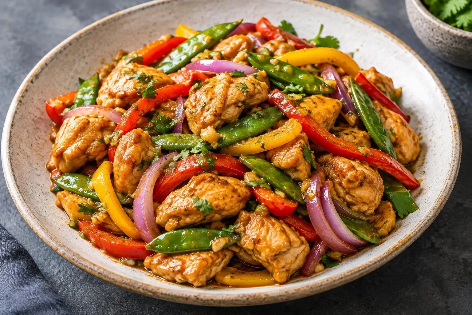 Peruvian Stir-Fried Chicken with Aji Amarillo and Seasonal Vegetables plated and ready to serve