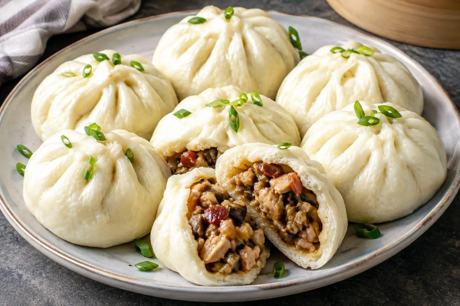Pressure-Cooked Chicken Siopao Dumplings plated and ready to serve
