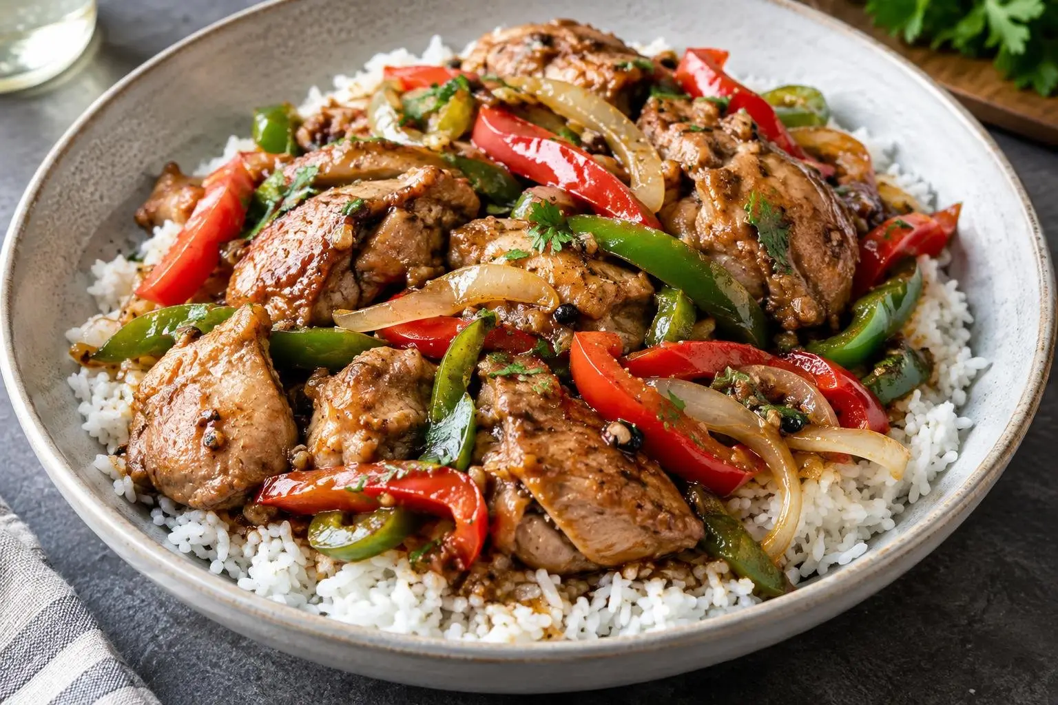 Chicken Adobo Stir-Fry with Jasmine Rice plated and ready to serve