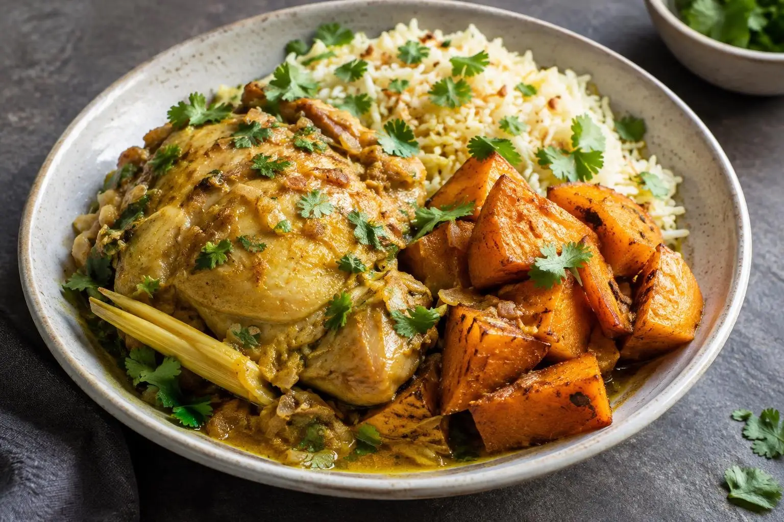 Indonesian-Inspired Poached Chicken with Spiced Pumpkin and Coconut Rice plated and ready to serve
