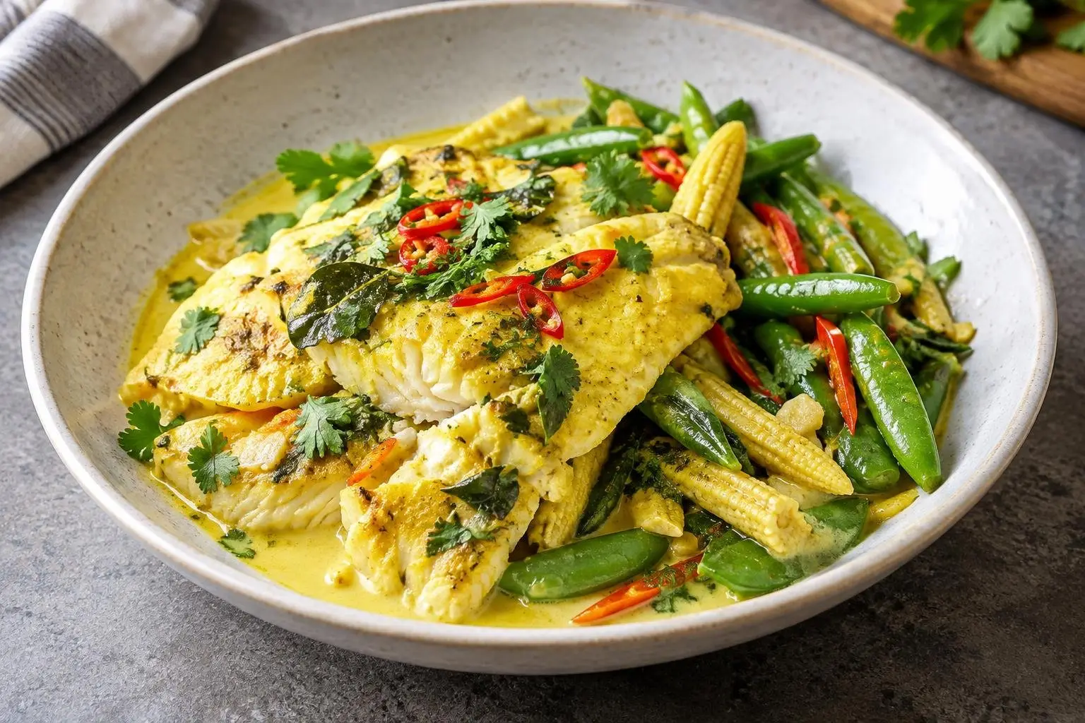 Indonesian-Style Steamed Fish with Turmeric and Coconut plated and ready to serve