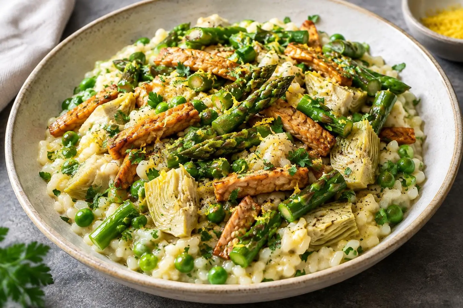 Spring Pea and Artichoke Risotto with Lemon-Asparagus Tempeh plated and ready to serve
