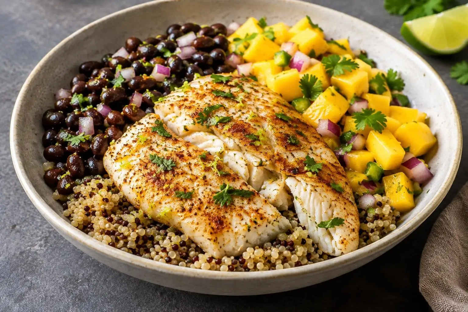 Caribbean Poached Mahi-Mahi Grain Bowl with Mango and Black Beans plated and ready to serve