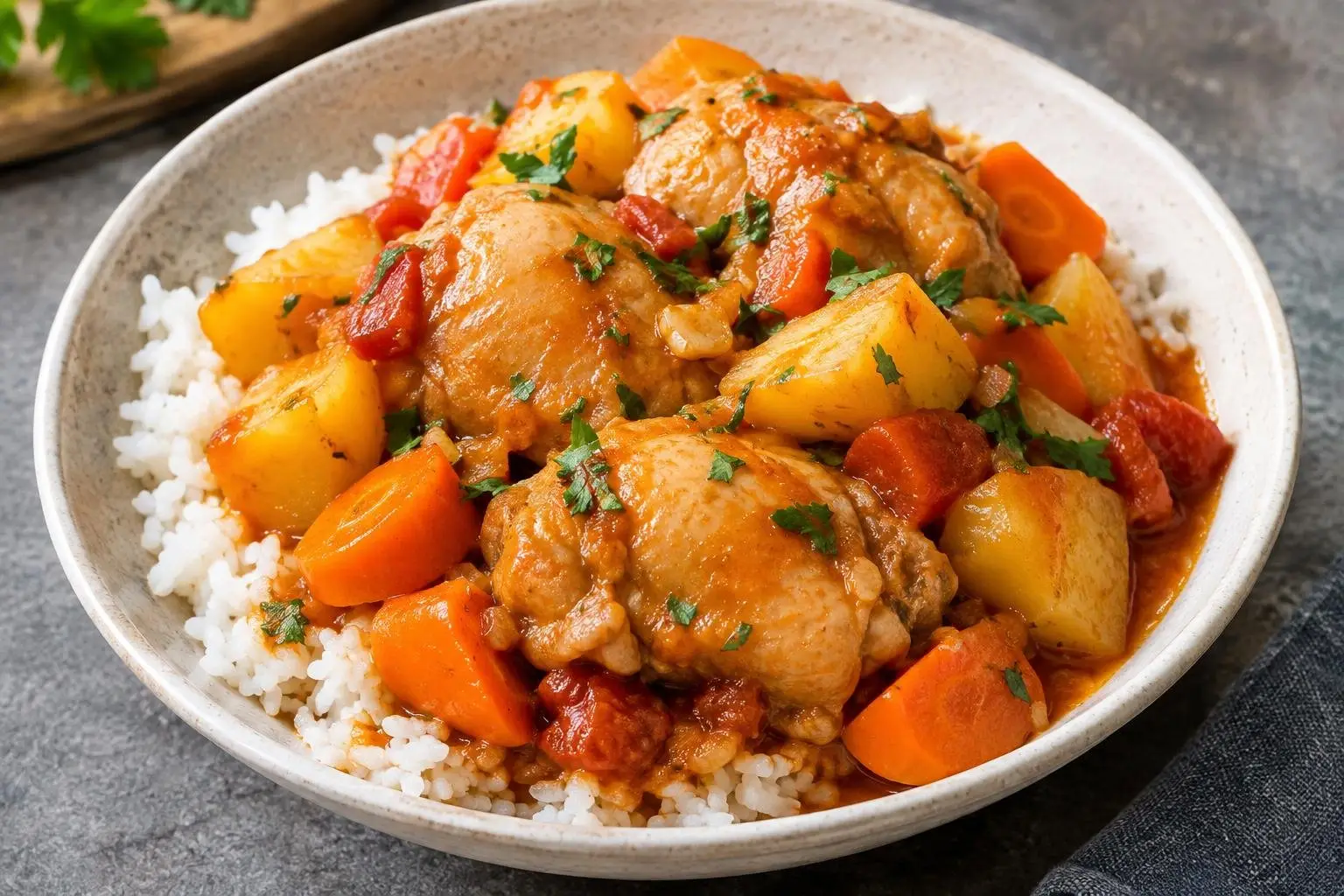 Pressure Cooker Chicken Afritada with Seasonal Vegetables plated and ready to serve