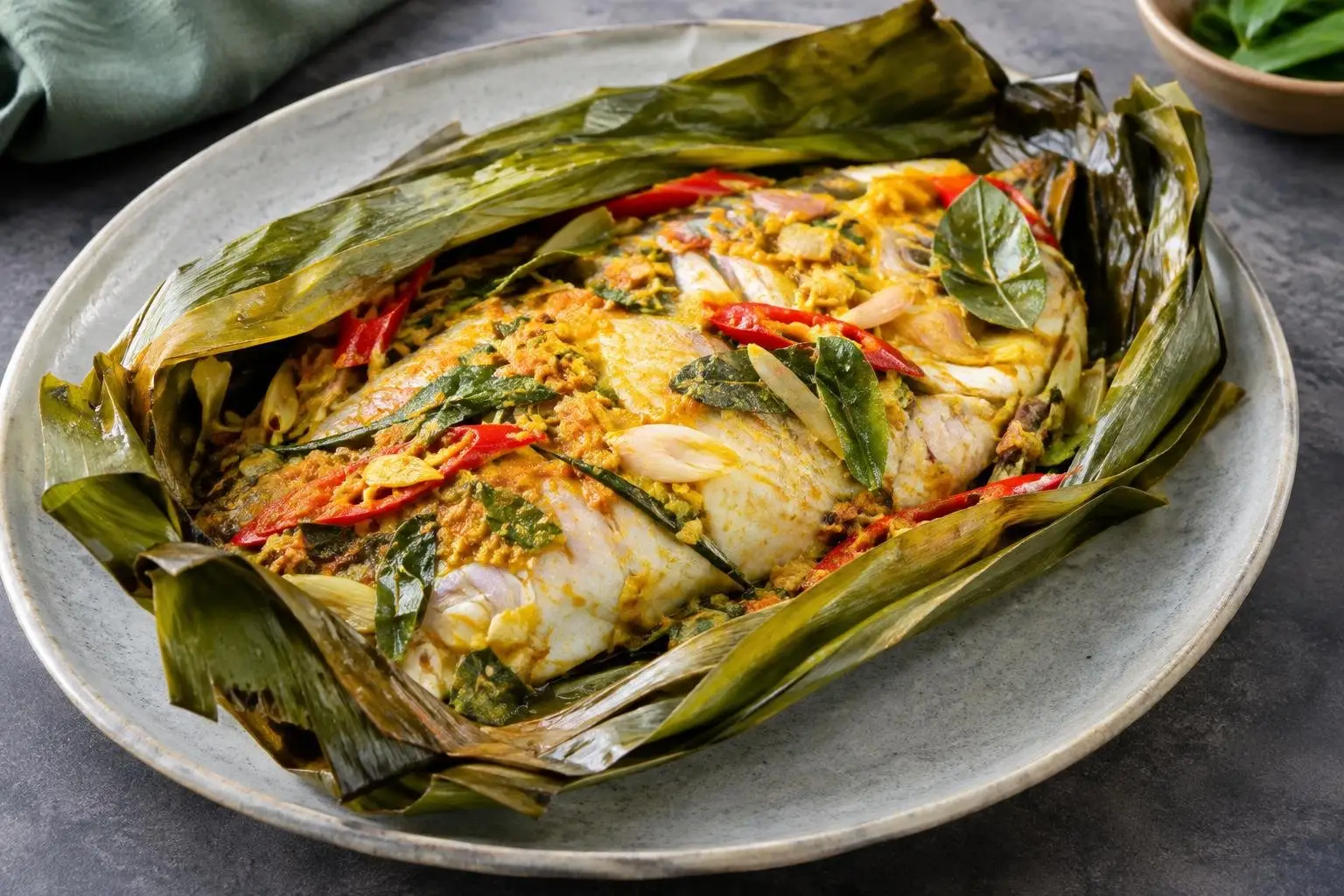 Indonesian Pepes Ikan (Steamed Spiced Fish in Banana Leaves) plated and ready to serve