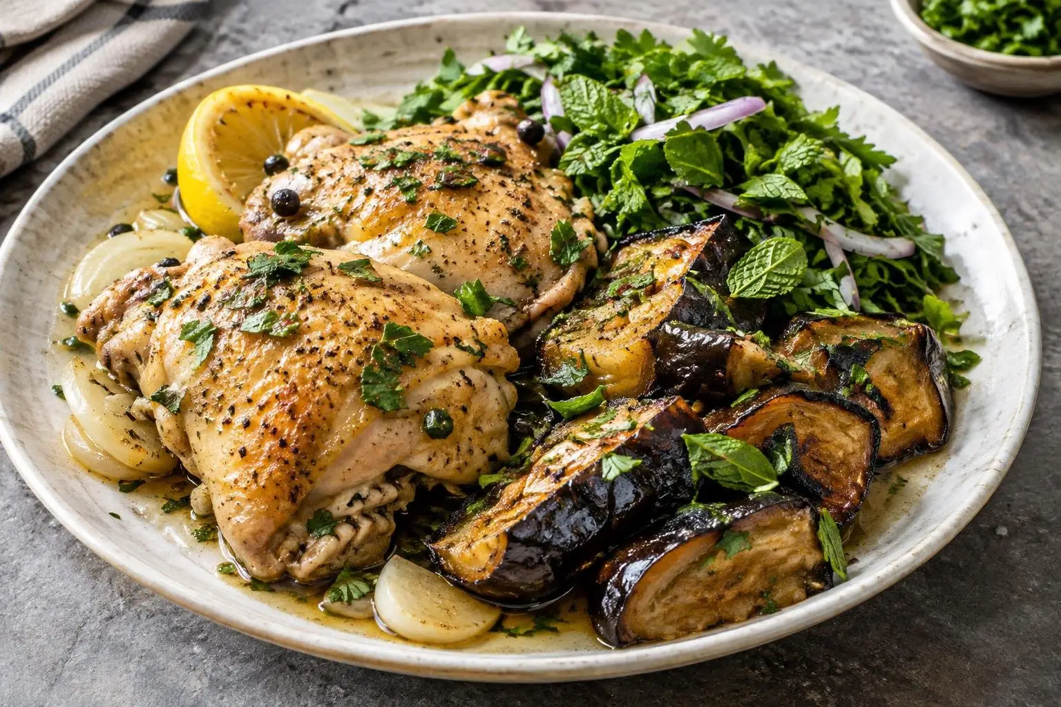 Lebanese Poached Chicken with Charred Eggplant and Herb Salad plated and ready to serve