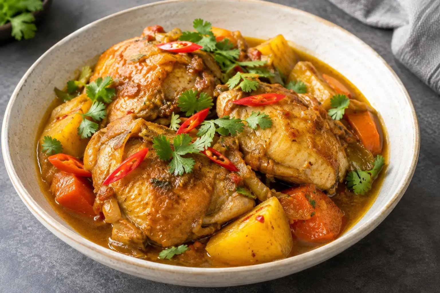 Indonesian Slow-Braised Chicken with Tamarind and Aromatic Spices plated and ready to serve