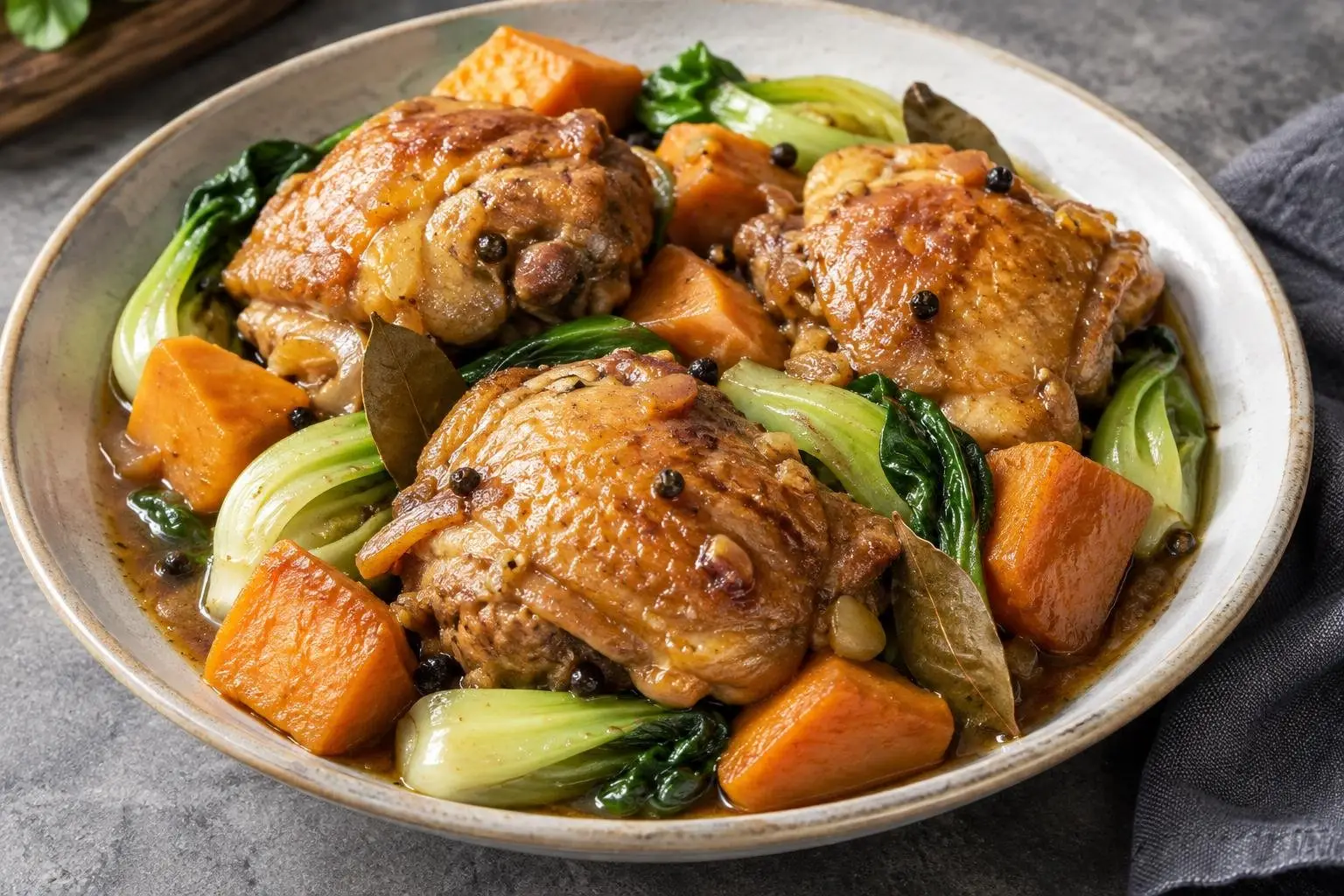 Pressure-Cooked Filipino Chicken Adobo with Sweet Potato and Bok Choy plated and ready to serve