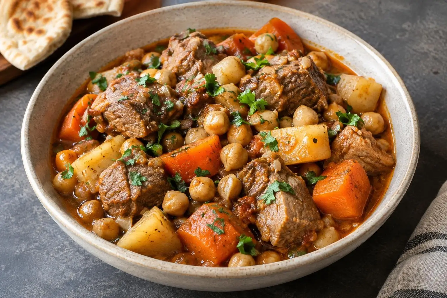 Lebanese Pressure-Cooked Lamb and Chickpea Stew plated and ready to serve