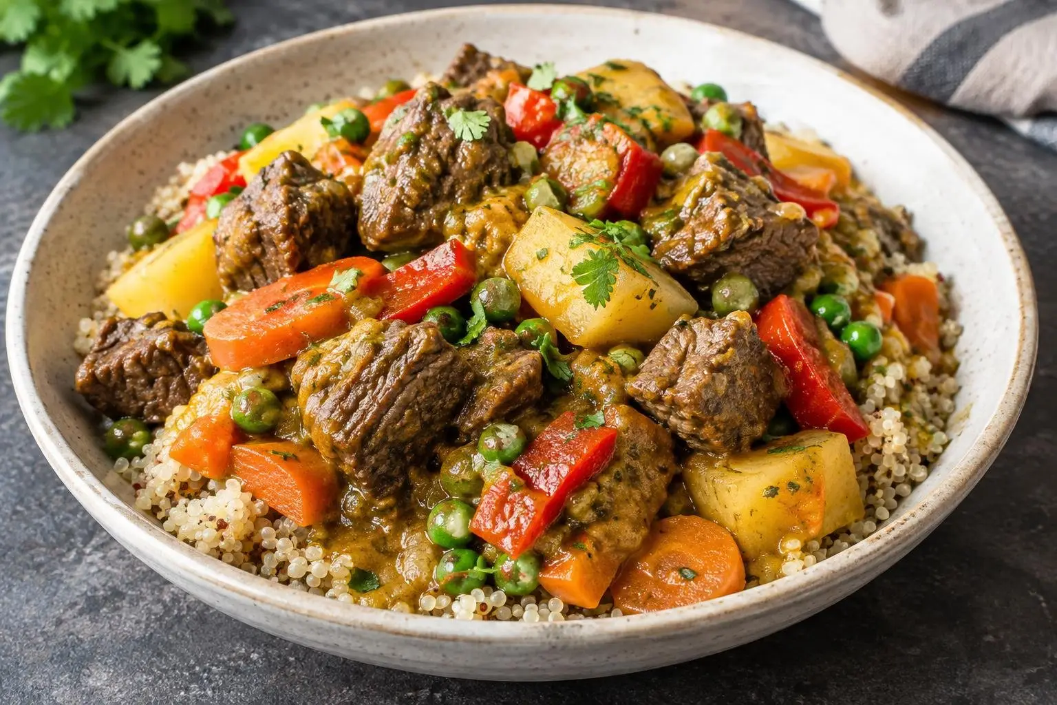 Peruvian Slow-Braised Beef Seco with Seasonal Vegetables plated and ready to serve