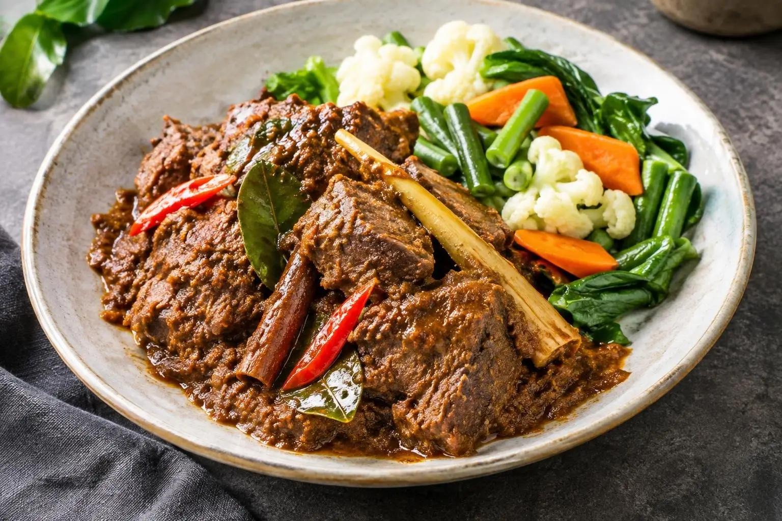 Indonesian Pressure-Cooked Beef Rendang with Seasonal Vegetables plated and ready to serve