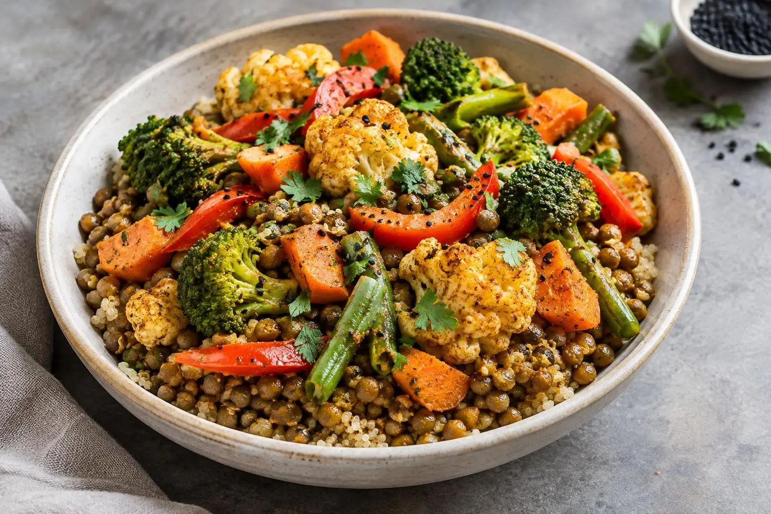 Ethiopian-Inspired Steamed Vegetable and Lentil Grain Bowl plated and ready to serve