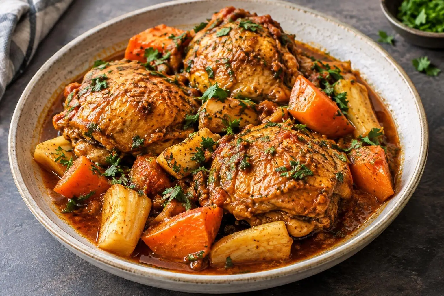 Ethiopian Doro Wat-Inspired Poached Chicken Stew plated and ready to serve