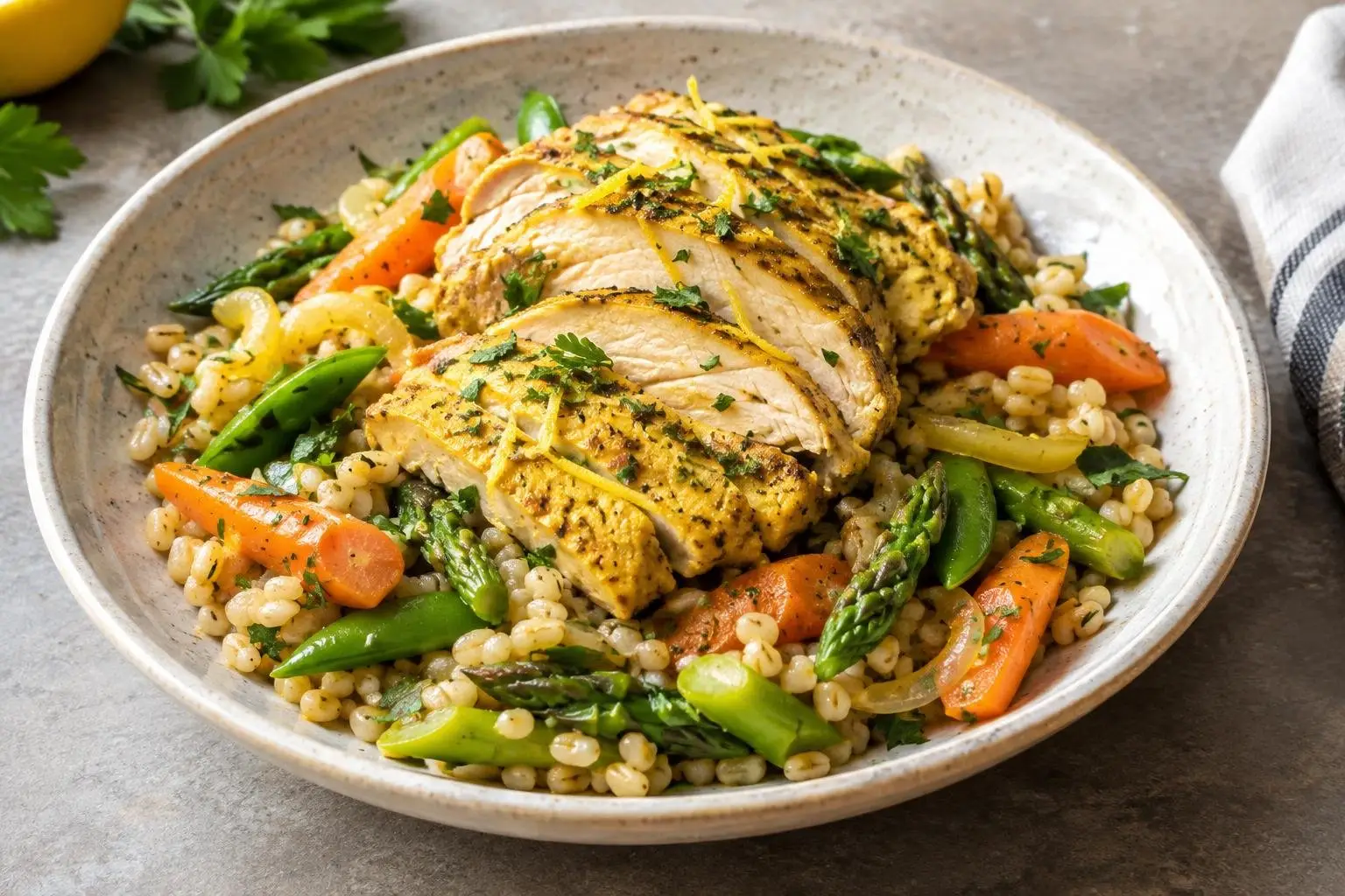 Lemony Poached Chicken with Spring Vegetables and Herb Barley plated and ready to serve