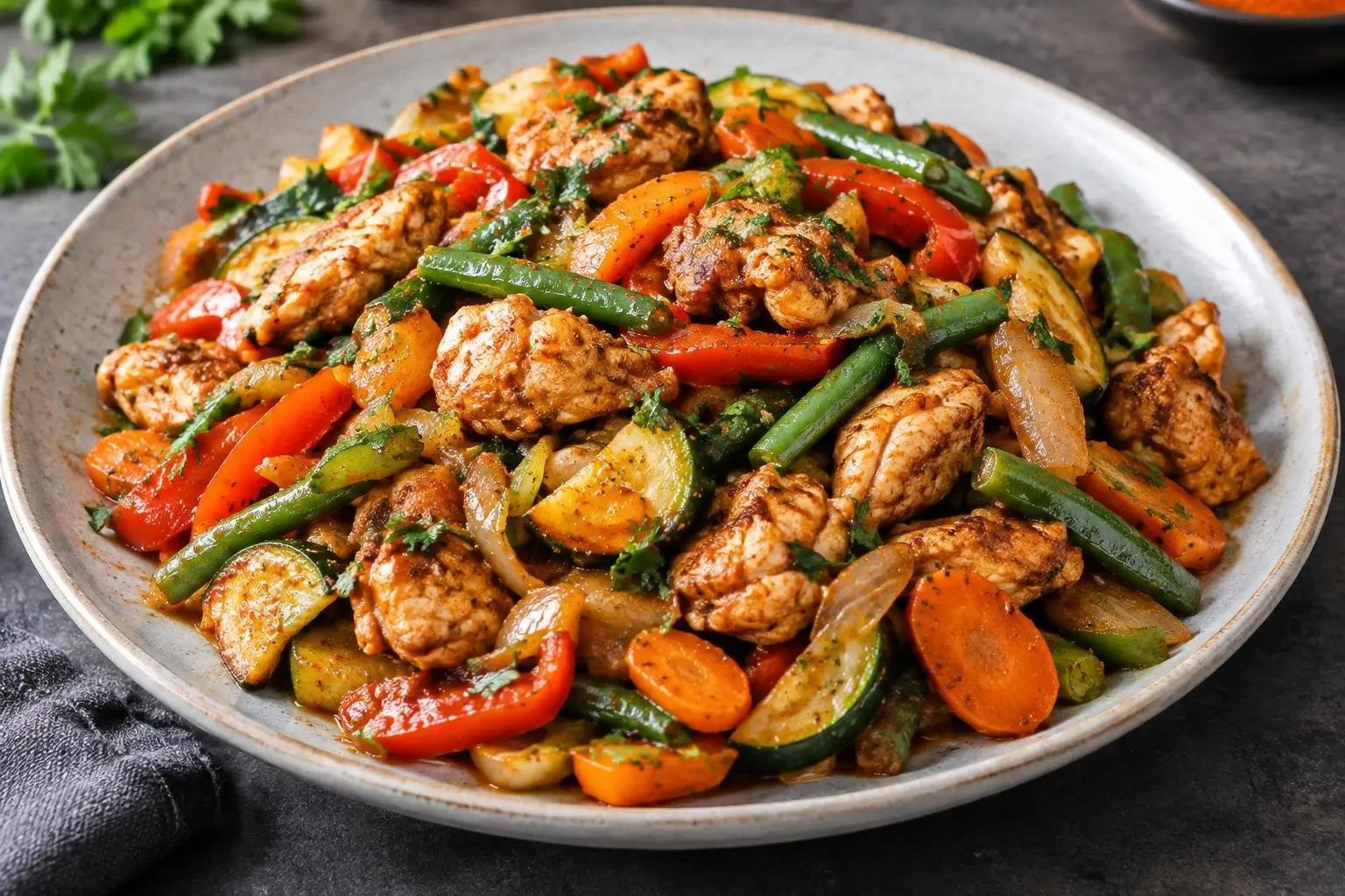 Ethiopian-Inspired Steamed Chicken Tibs with Seasonal Vegetables plated and ready to serve
