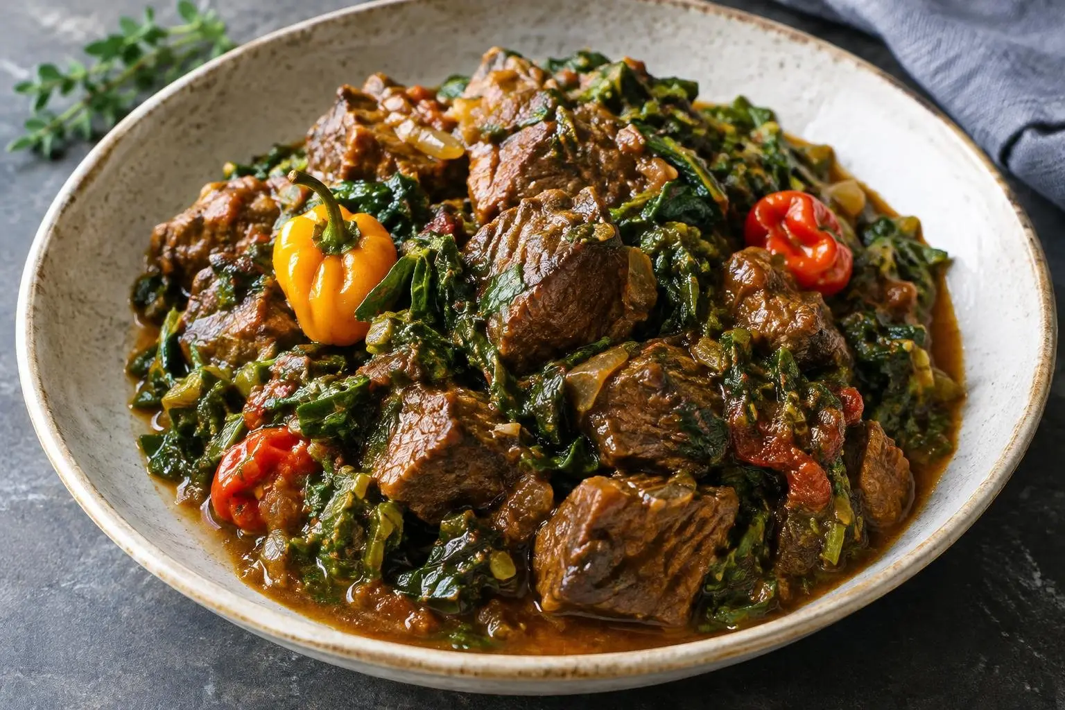 Jamaican Pepper Pot Braised Beef plated and ready to serve