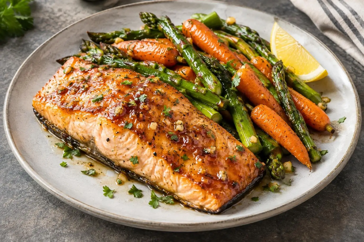 Honey-Garlic Glazed Salmon with Roasted Spring Vegetables plated and ready to serve