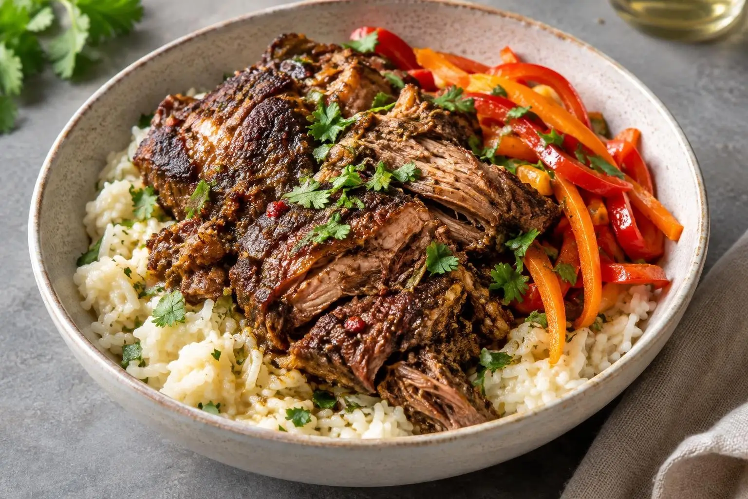 Slow-Braised Caribbean Jerk Pork with Coconut Rice Grain Bowl plated and ready to serve